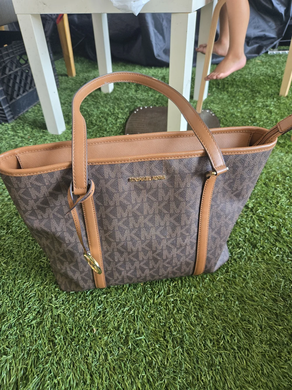 Michael Kors Brown Signature Logo Tote with Tan Trim